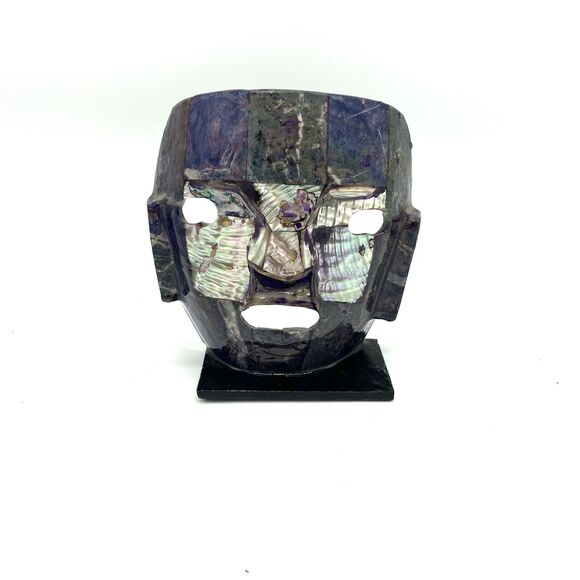 Vintage Mid Century Abalone Shell Mayan Mask Burial Aztec Death Sculpture Blue5”